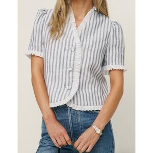 Reformation Bess Linen Striped Ruffle Trim Blouse Sz M